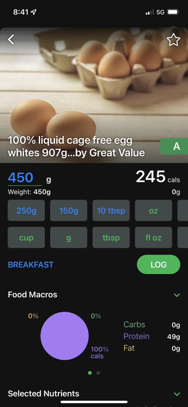 Macronutrient Breakdown of 450g Egg Whites to get 200g Protein per day